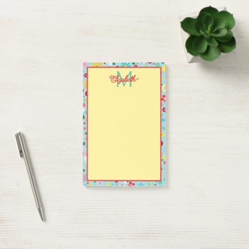 Spring Flowers on Aqua Blue Monogram Post-it Notes