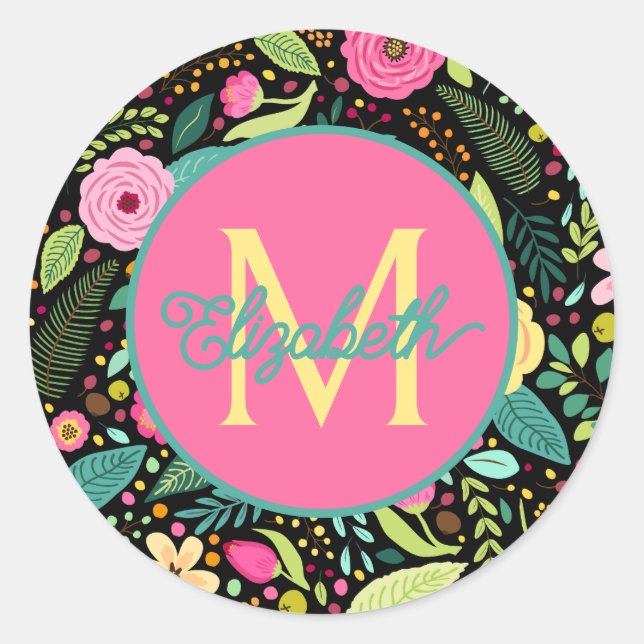 Spring Flowers on Black Monogram Classic Round Sticker (Front)
