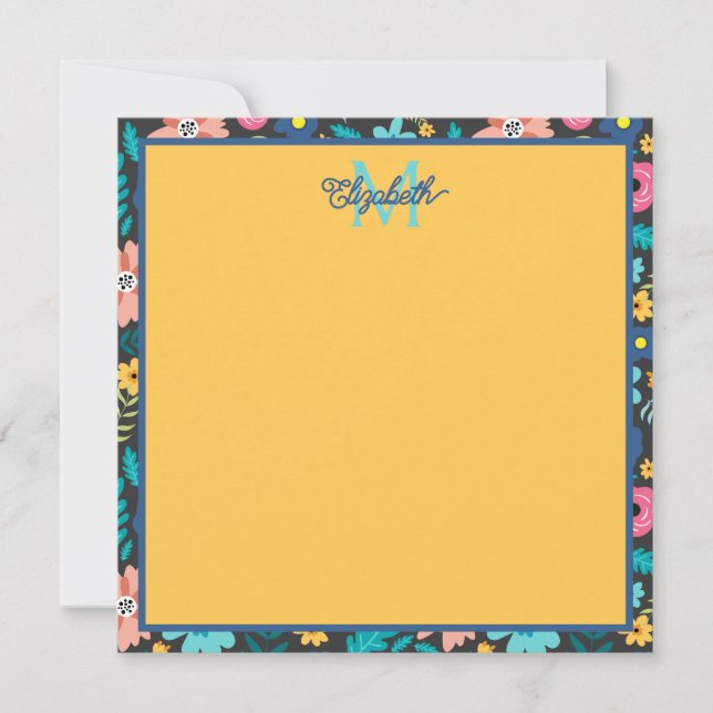 Spring Flowers on Black Monogram Note Card (Front)