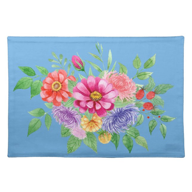 Spring Flowers on Blue Background Cloth Placemat (Front)