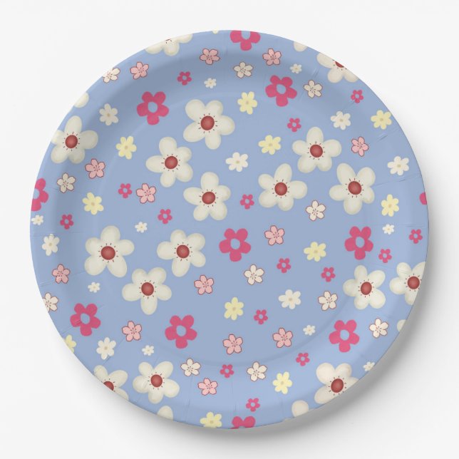 spring flowers on blue background paper plates (Front)