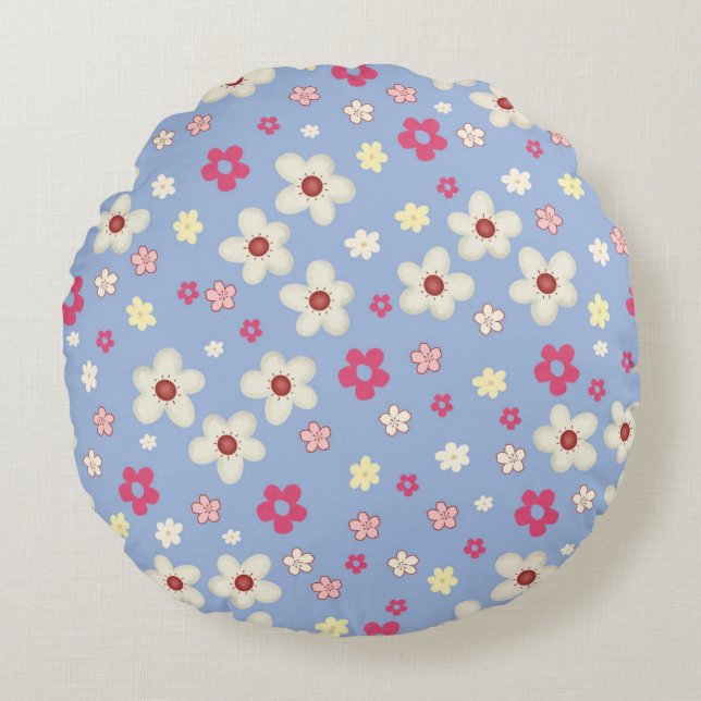 spring flowers on blue background round pillow (Front)