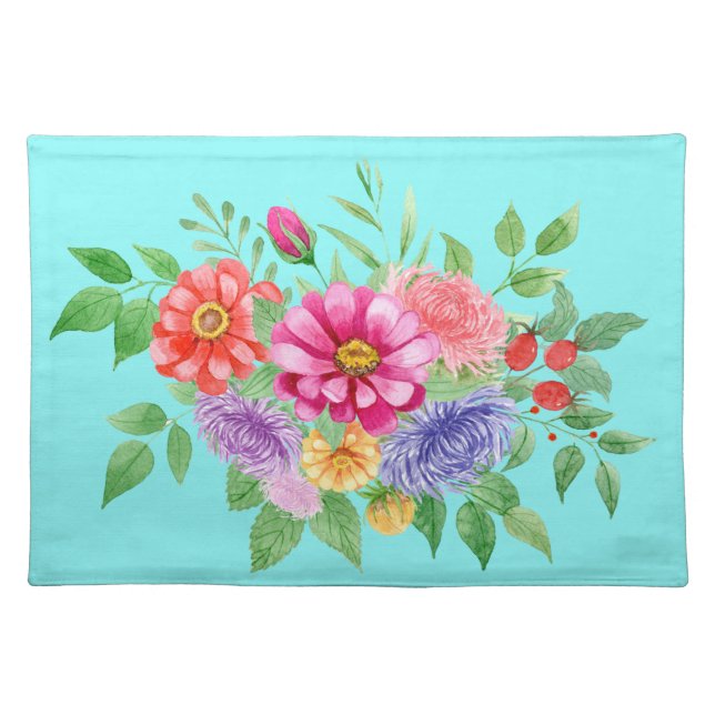 Spring Flowers on Teal Background Cloth Placemat (Front)