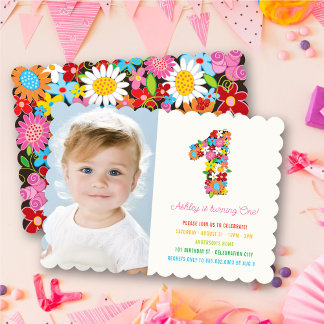 Spring Flowers One Baby Girl First Birthday Photo Invitation