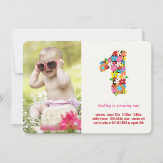 Spring Flowers One Baby Girl First Birthday Photo Invitation