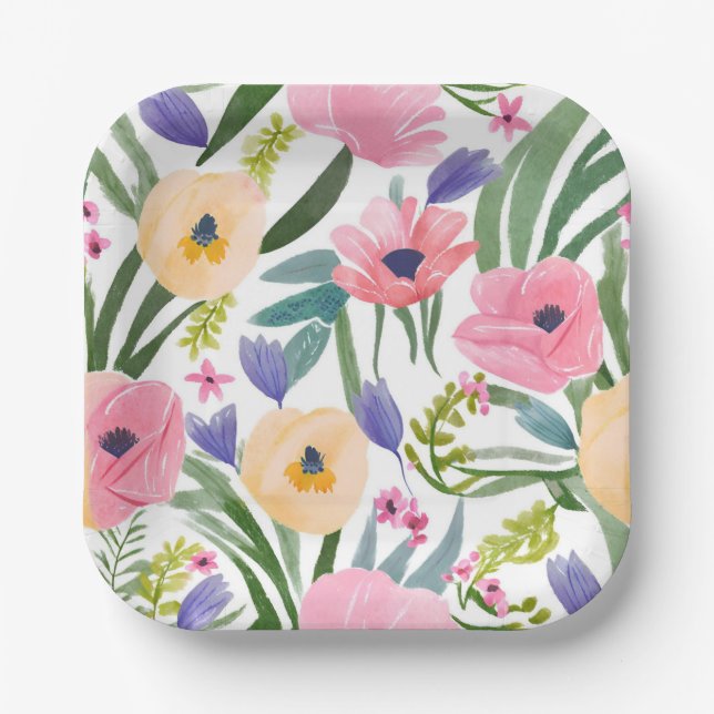 Spring Flowers | Pastel Floral Watercolor Paper Plates (Front)
