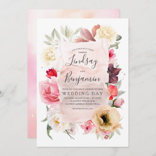 Spring Flowers _ Peach Pink Burgundy White Wedding Invitation