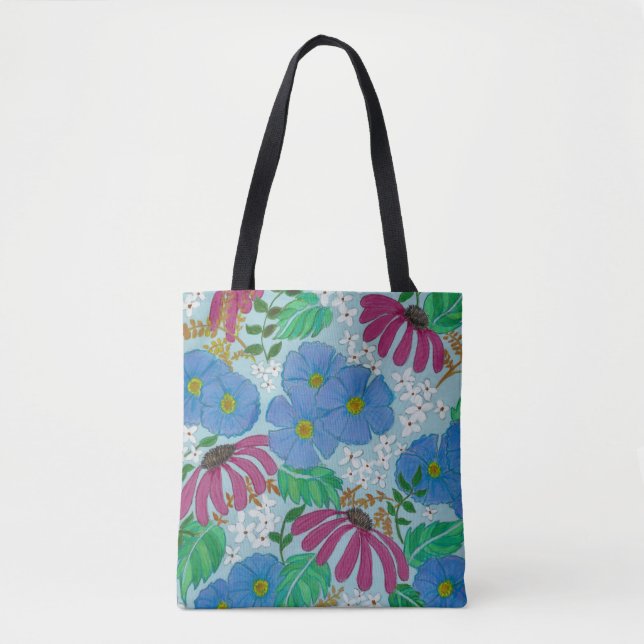 Spring Flowers Periwinkle blue and Pink Tote Bag (Front)