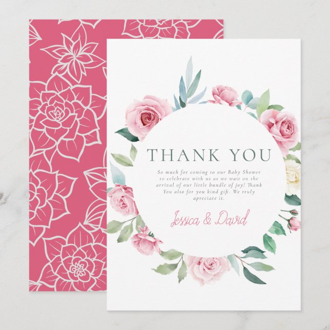 Spring Flowers Pink Circle Girl Baby Shower Thank You Card (Front/Back)