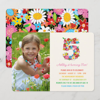 Spring Flowers Pink Girl 5th Birthday Photo Invite