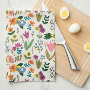 Spring flowers pink & green cute floral kitchen towel