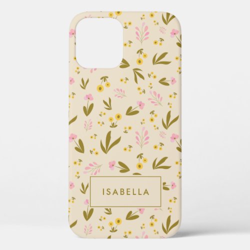 Spring Flowers Pink Green Floral Custom Name iPhone 12 Case