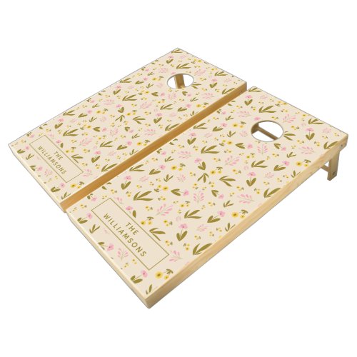 Spring Flowers Pink Green Floral Custom Name  Cornhole Set