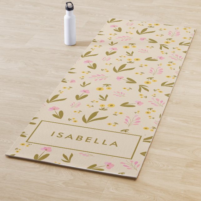 Spring Flowers Pink Green Floral Custom Name Yoga Mat (In Situ)