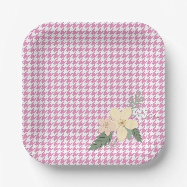 Spring Flowers Pink Houndstooth Shower Easter Fun Paper Plates (Front)
