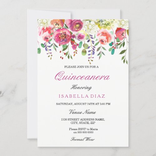 Spring Flowers Pink Peach Quinceanera Invitation