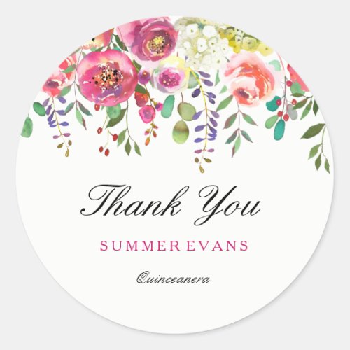 Spring Flowers Pink Peach Quinceanera Thank You Classic Round Sticker