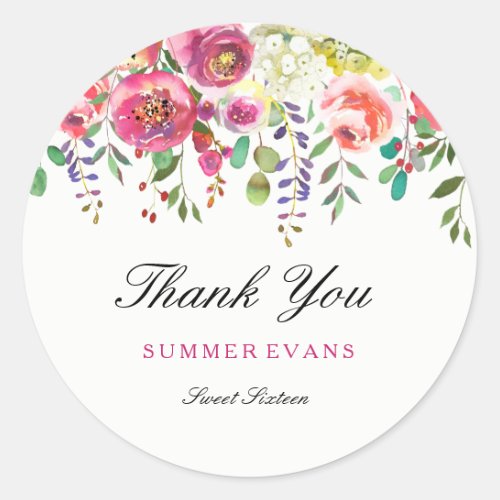 Spring Flowers Pink Peach Sweet 16 Thank You Classic Round Sticker