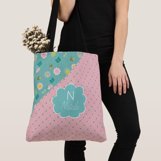 Spring Flowers Pink Trendy Initial Name Monogram Tote Bag (Close Up)