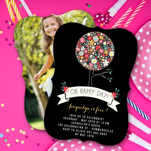 Spring Flowers Pop Tree Girl Birthday Party Photo Invitation