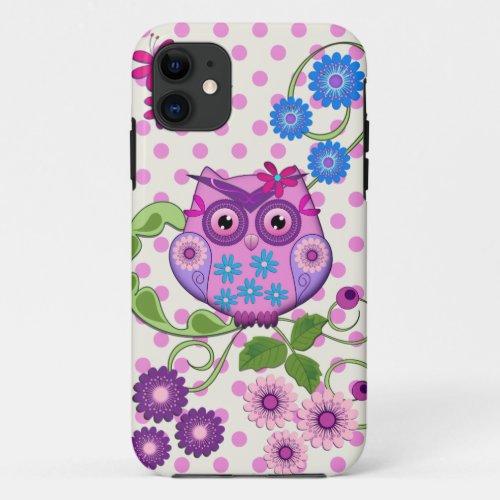 Spring Flowers Power Owl  Polka dots iPhone 11 Case