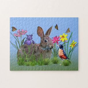 Spring Flowers, Robin, and Bunny Rabbit Jigsaw Puzzle