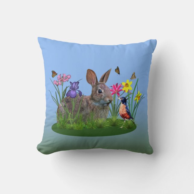 Spring Flowers, Robin,  and Bunny Rabbit Throw Pillow (Front)