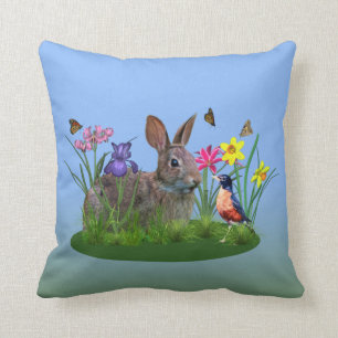 Spring Flowers, Robin, and Bunny Rabbit Throw Pillow