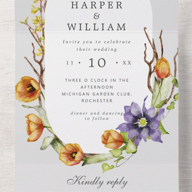 spring flowers rsvp attached wedding all in one in invitation (Inside Middle)
