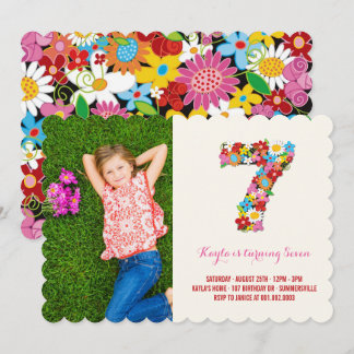 Spring Flowers Seven Cute Girl 7th Birthday Invite