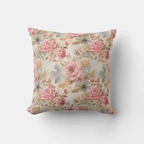 Spring flowers Shabby Chic blush and antique gold Throw Pillow