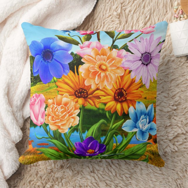 Spring Flowers & Summer Wildflowers, Floral  Throw Pillow (Blanket)