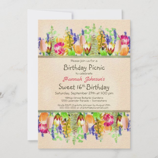 Spring Flowers Sweet 16 Birthday Picnic Party Invitation (Front)