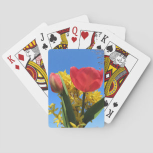 spring flowers, tulips, colorful + flowers, blue poker cards
