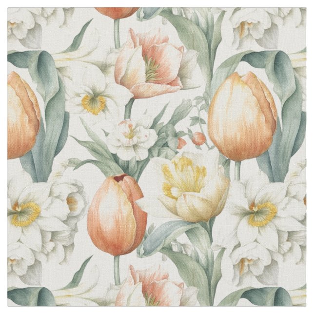 Spring Flowers Tulips Daffodil Pattern fabric (Close Up)
