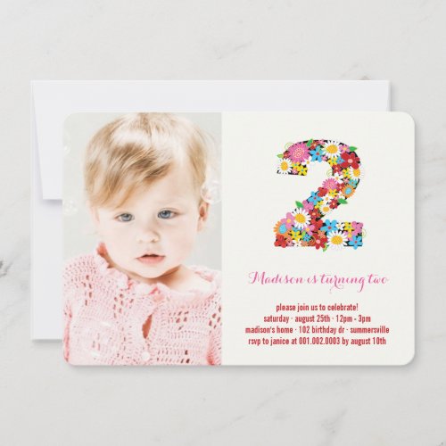 Spring Flowers Two Baby Girl 2nd Birthday Photo Invitation