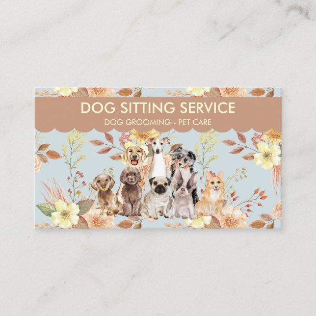 Spring Flowers Watercolor Dogs Business Card (Front)