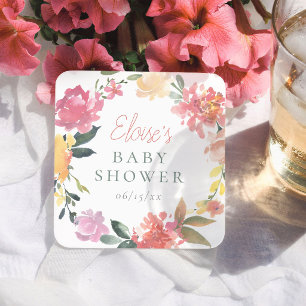 Spring Flowers Watercolor Girl Baby Shower Square Paper Coaster