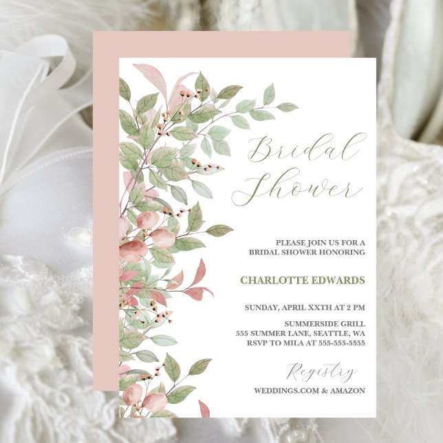 Spring Flowers Watercolor Pink Bridal Shower Invitation (Watercolor Leaves, Green & Pink, Bridal Shower Invitation)