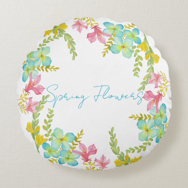 Spring flowers watercolor round pillow (Front)