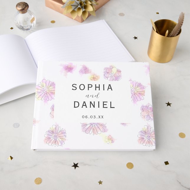 Spring Flowers Watercolor Wedding Guest Book  (Front Open)