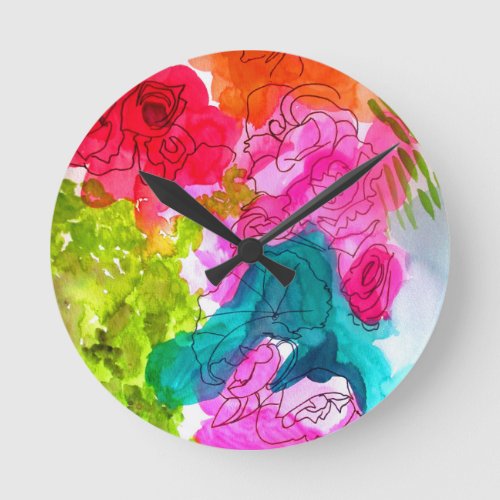 Spring Flowers watercolour abstract art Round Clock