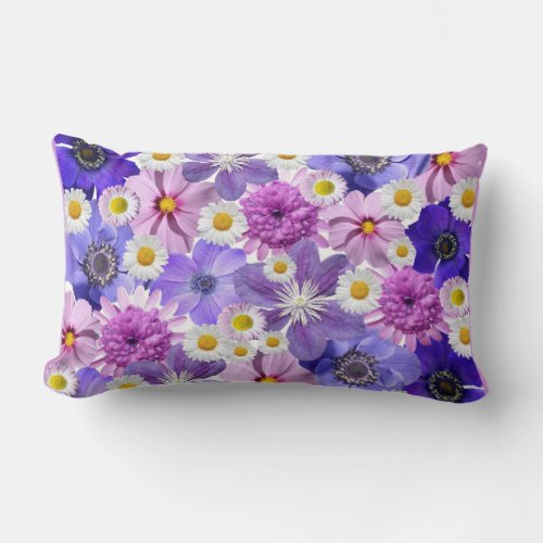 Spring Flowers White Purple Pink Yellow Full Bloom Lumbar Pillow