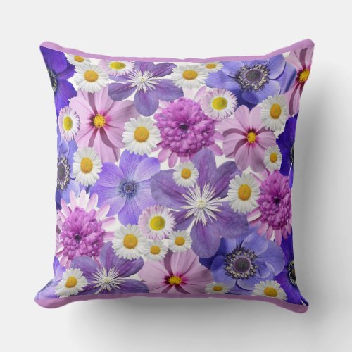 Spring Flowers White Purple Pink Yellow Full Bloom Throw Pillow