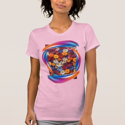 Spring flowers with circulating colorful stripes T_Shirt