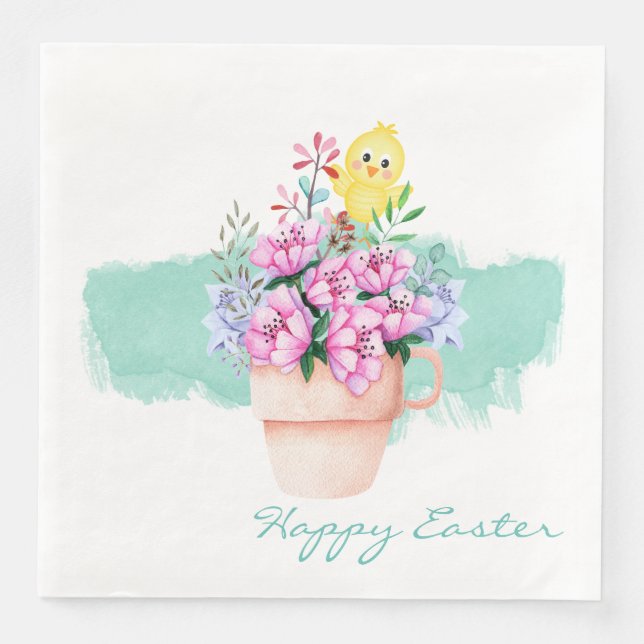 Spring Flowers With Easter Chick Paper Dinner Napkins (Front)