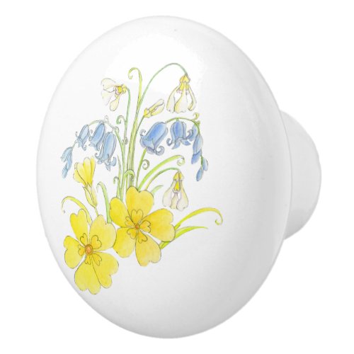 Spring flowers yellow blue ink and watercolor ceramic knob