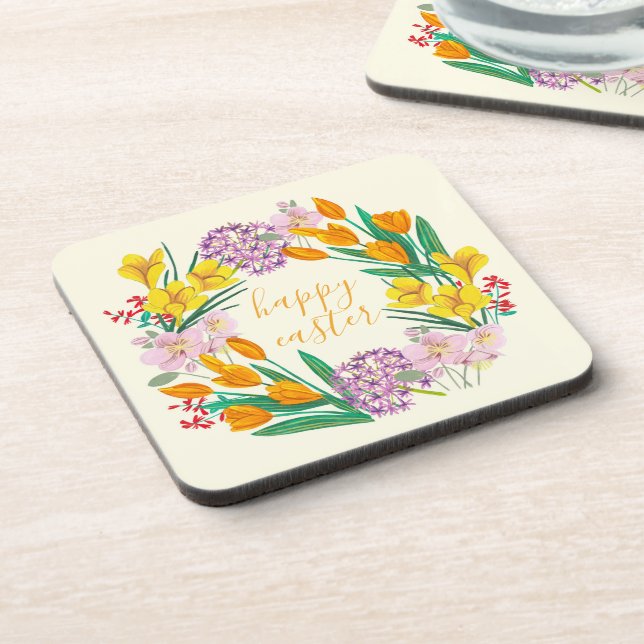 Spring flowers yellow easter floral tulip drawing beverage coaster (Left Side)