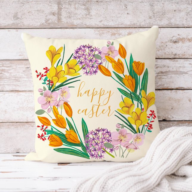 Spring flowers yellow easter floral tulip drawing throw pillow (Creator Uploaded)