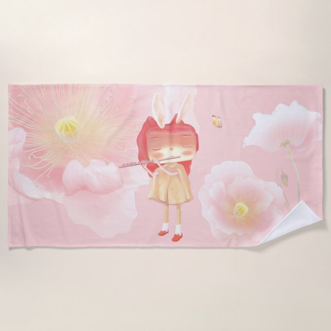 Spring Flute: Bunny Girl Playing Music in Pink Gar Beach Towel (Front)